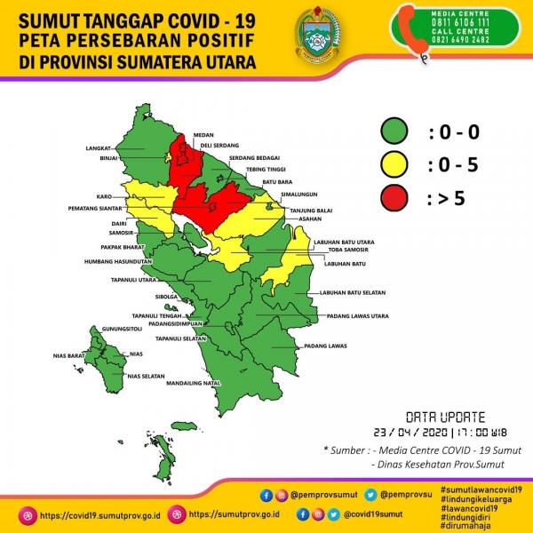 Peta Persebaran Positif di Provinsi Sumatera Utara 23 April 2020
